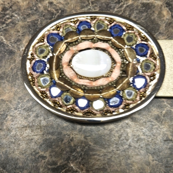 Chico's Leather Belt Bohemian Novelty Gold Tone Leather Embellished Brass Buckle - Picture 9 of 10